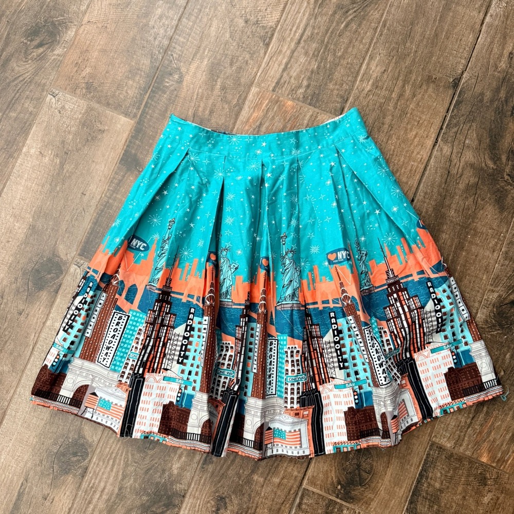 Handmade Women's Kitschy NYC Skyline Pleated Midi Skirt,Teal Orange, XL